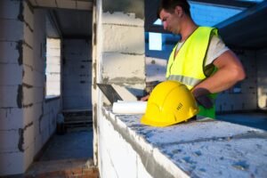 Construction engineer on the construction site of a house made of porous concrete blocks
